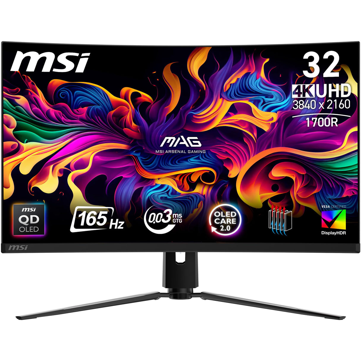 MSI mag 321CUPDE QD-OLED Pantalla de Juego Curvada UHD 32" - 1700R, 3840x2160 Quantum Dot OLED, 165Hz/0.03ms, 99% DCI-P3, ΔE≤2, DisplayHDR True Black 400, DP 1. 4a, HDMI 2.1, USB Type-C