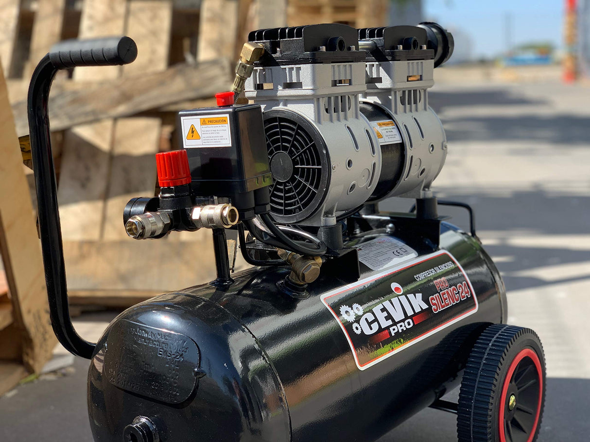 CEVIK PRO - CA-PRO24SILENC - Compresor Aire Silencioso - 62 dB - 24L - 1.5HP - Máx 8 Bar - 150 l/min - Sin Aceite - Dos Salidas de Aire - Compacto y Portátil - Compresor de Pintura y Neumática