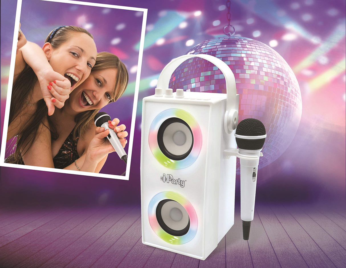 LEXIBOOK, iParty, Altavoz Luminoso Bluetooth portátil con micrófono, Efectos de luz, Karaoke, Inalámbrico, USB, Tarjeta SD, Batería Recargable, Blanco, BTP180Z