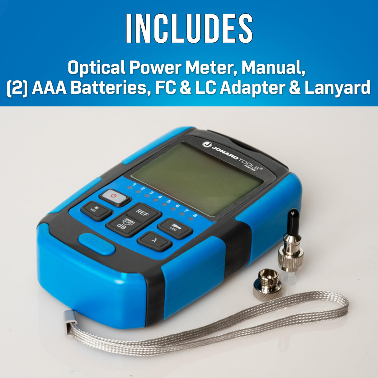 Jonard Tools FPM-50S Mini medidor de potencia óptica, herramienta 3 en 1, OPM (-50 a +26dBm), VFL, probador de red RJ45, rango de 800-1650 nm, adaptadores FC y LC