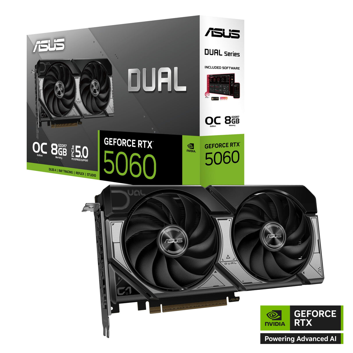 ASUS Dual GeForce RTX 5060 8 GB GDDR7 OC Edition Tarjeta gráfica (PCIe 5.0, 8 GB GDDR7, DLSS 4, HDMI 2.1b, DisplayPort 2.1b, diseño de 2,5 Ranuras, diseño de Ventilador Axial-Tech, tecnología 0dB)