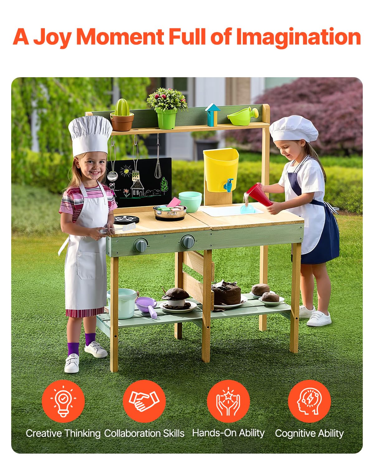 VEVOR Cocina de Barro para Niños 391 x 762 x 914 mm Juego de Cocina de Madera Cocina de Juguete para Niños Cocinita Infantil de Madera para Exteriores Cocina de Juego de Simulación con Accesorios