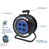 Electraline 49032 Alargador eléctrico con enrollacables de Tambor Fijo m 4 Tomas polivalentes (Schuko + 10/16 A) Enchufe Grande 16 A, con protección-sección del Cable 3G1,5 mm² Negro, 40 MT