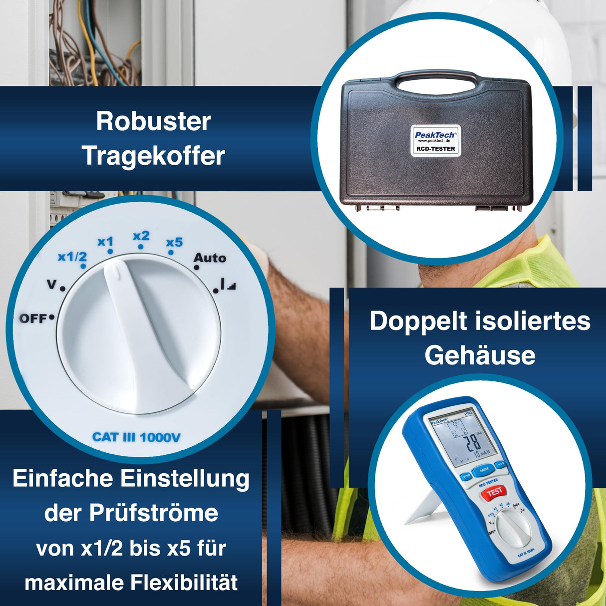 PeakTech 2710 – Probador digital de FI con pantalla LCD grande, disyuntor de corriente residual, cuchilla RCD, carcasa con doble aislamiento, voltaje de funcionamiento 230V / 50Hz - CAT III 600 V