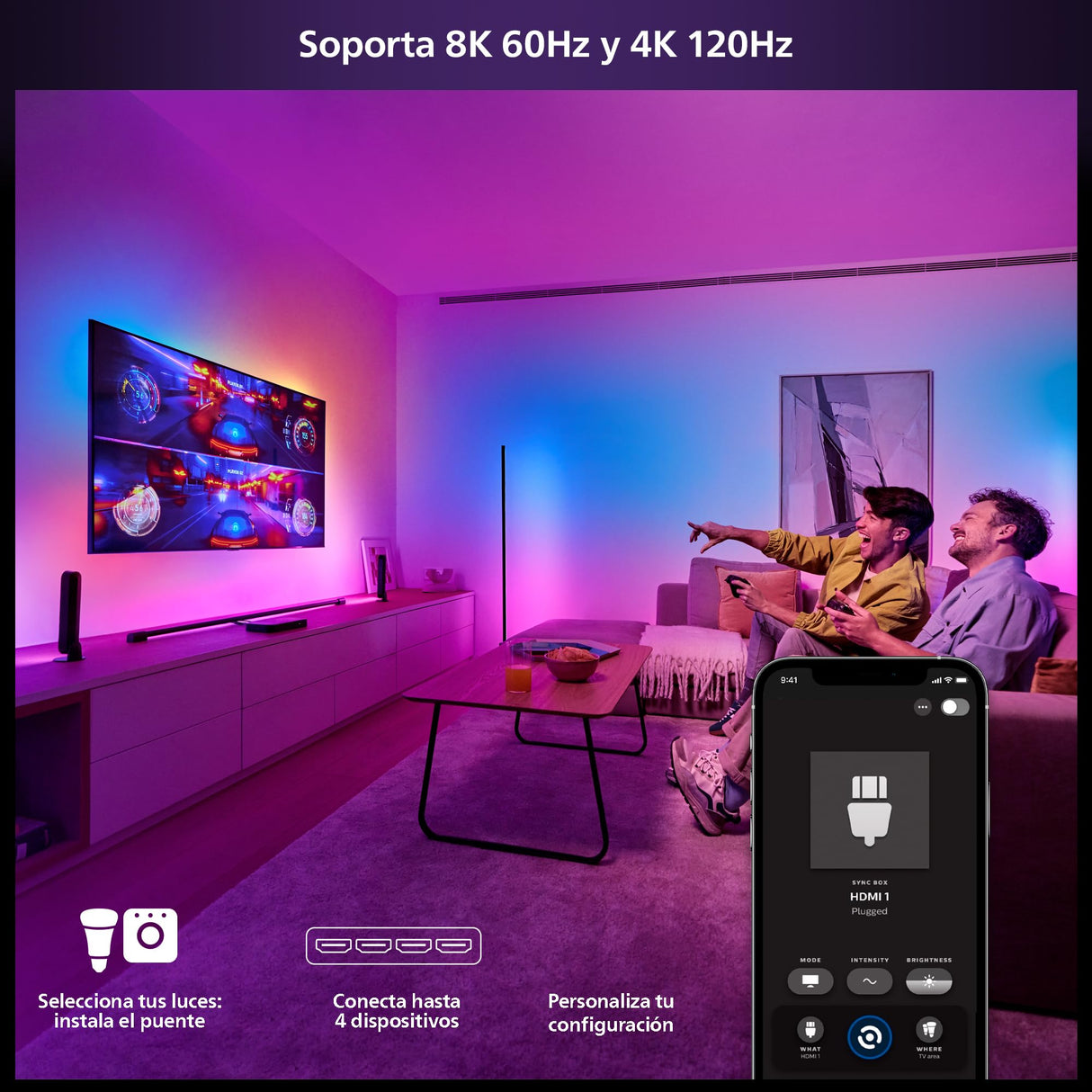 Philips Hue Play HDMI Sync Box 8K - Sincronizador de Luz Ambiente Con Videojuegos, Películas y Música - Hasta 10 Luces Led - Requiere Hue Bridge - Admite Dolby Vision HDR10+ - Controlable Con App