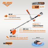 RURIS - Desbrozadora con batería 3024e - Motor sin escobillas - Ancho de Corte 300 mm (Alambre) / 255 mm (Hoja), Asas ergonómicas, batería de 20 V Li-Ion 4 Ah y Cargador Incluido