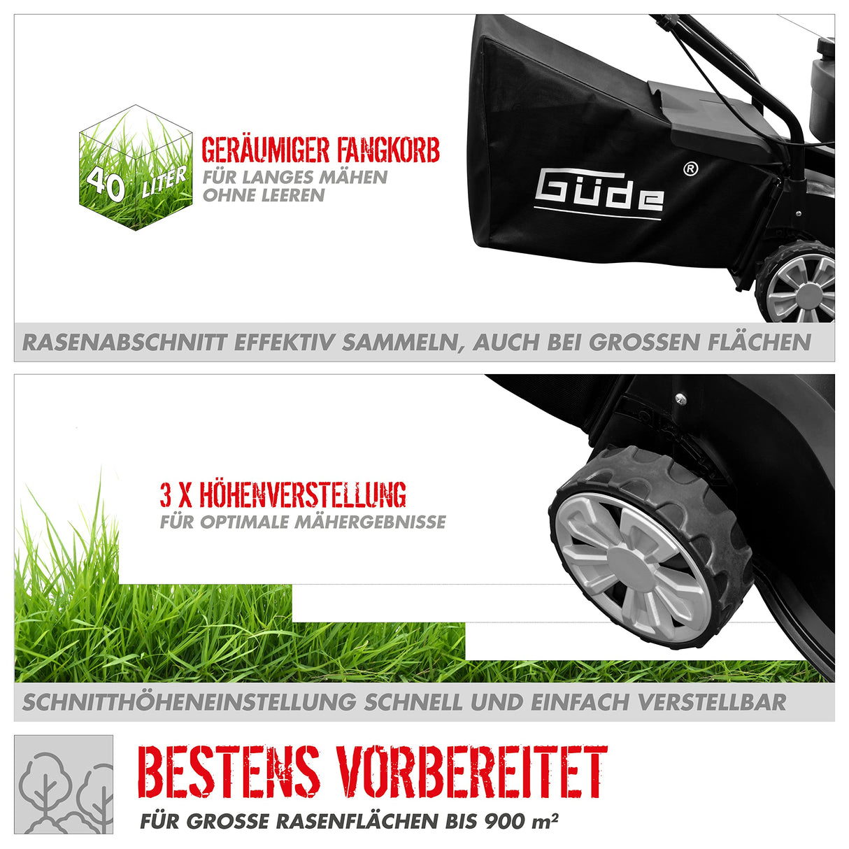 Güde Cortacésped Eco Wheeler 412.2 P (Motor: 4 Tiempos Power Engine S 241 V, Potencia del Motor: 1,5/2 kW/PS), cilindrada: 79,8 cm³, Ancho de Corte: 40,6 cm, Bolsa de Hierba de 40 l, Ajuste de Altura