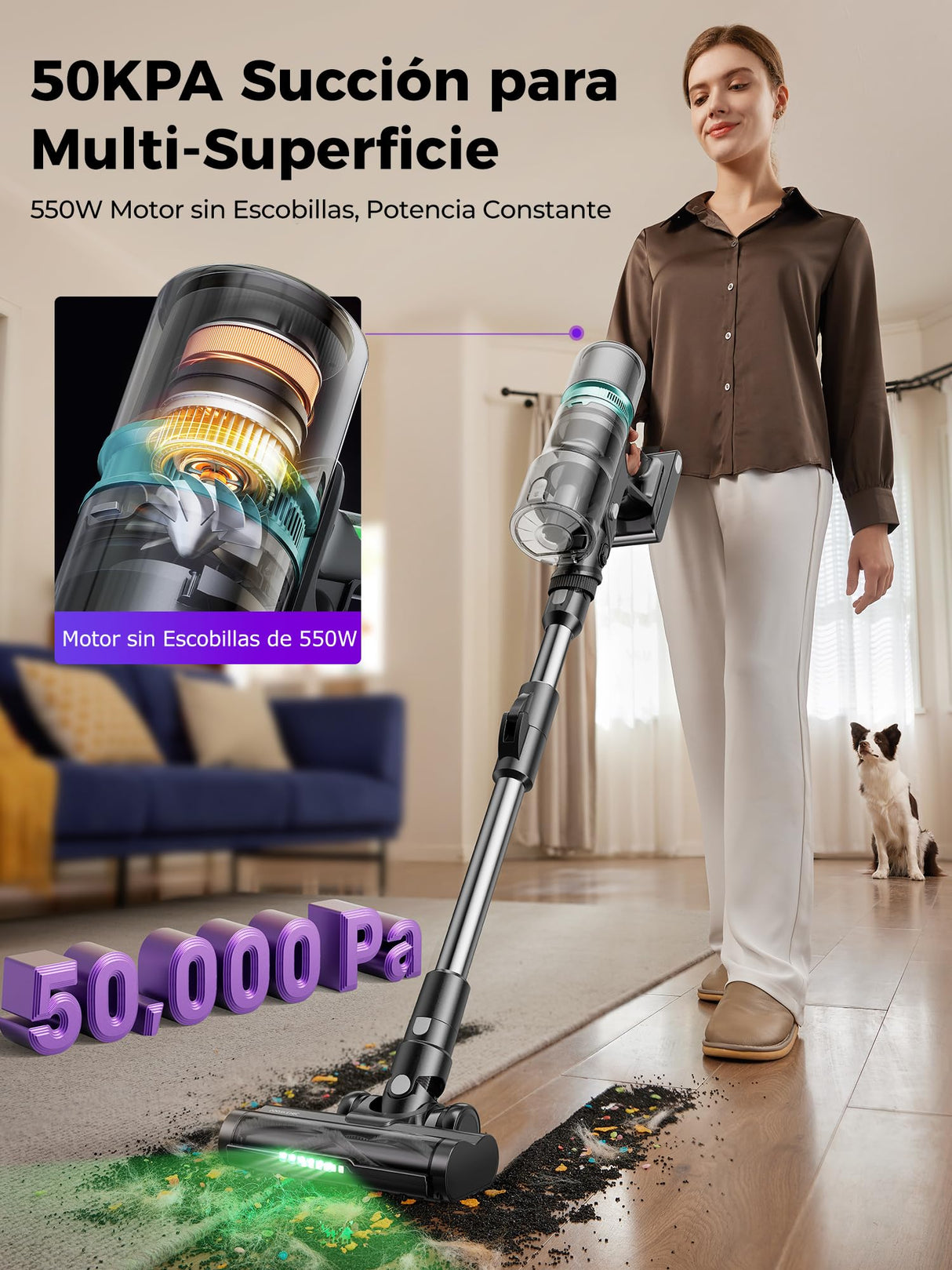 Proscenic P16 Aspiradora sin Cable 55Kpa/550W/65Mins, Aspiradora Escoba Vertical con Tubo Plegable, Cepillo Anti-Enredo y Pantalla Táctile LED para Suelo/Alfombra/Pelos de Mascotas