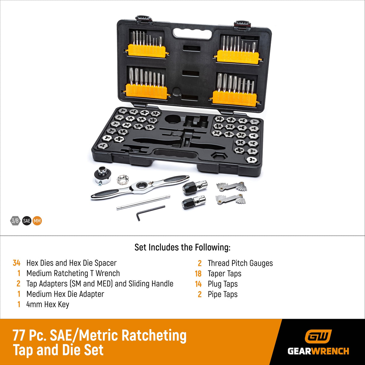 GearWrench 3887 Juego de Llaves de Machos y Terrajas de Trinquete SAE y Métrico, 77 Piezas