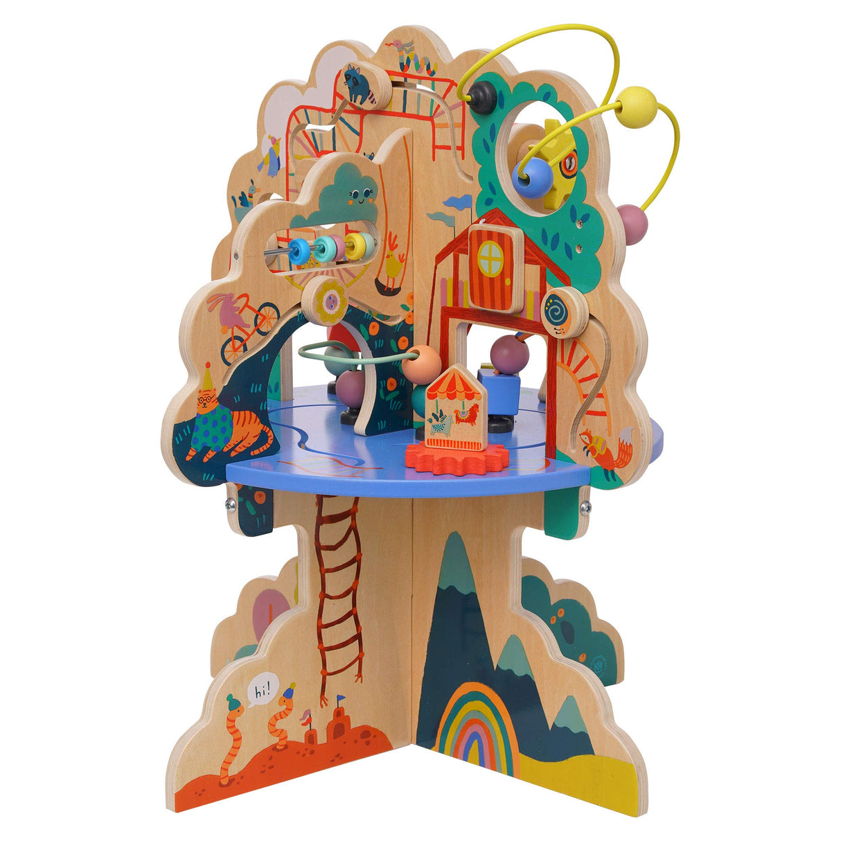 Manhattan Toy 160810 Playground Adventure Centro de Actividades de Madera para niños de 12 Meses en adelante con planeadores, Pista de ábaco, Spinners, Juguetes de Primavera y Carreras de Cuentas,