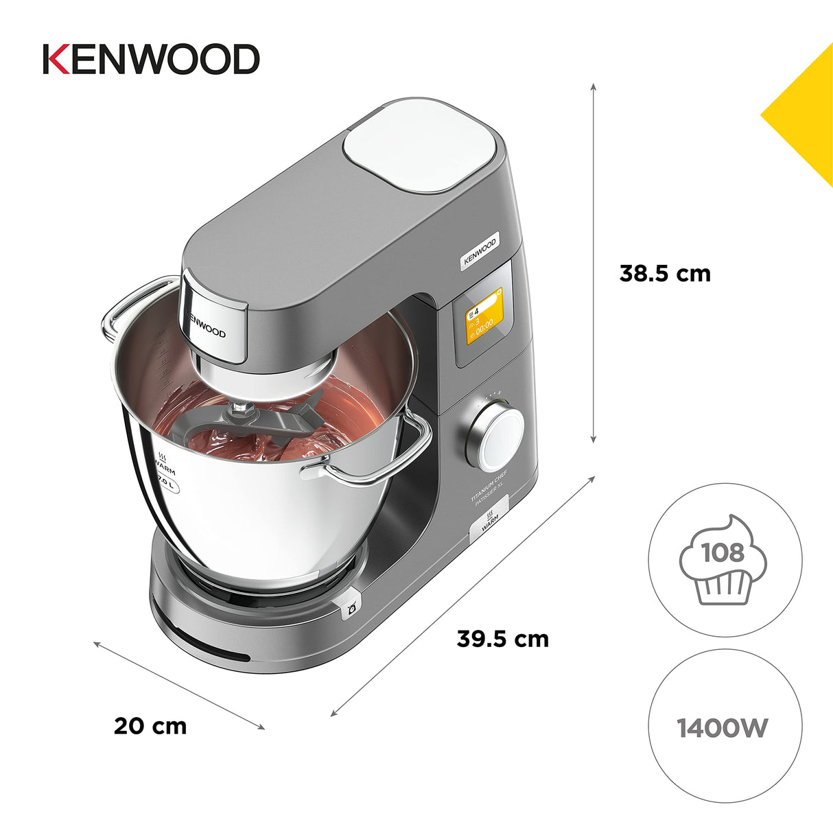Kenwood Titanium Chef Pattissier - Robot de Cocina (1400 de potencia, bol de 7 litros y batidora de vaso de cristal incluidos, 4 herramientas, pantalla tactil), Color Plata
