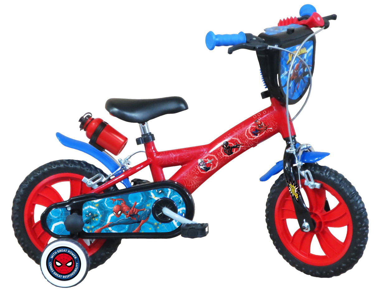 ATLAS Bicicleta de 12 Pulgadas Spiderman Equipada con 2 Frenos, Placa Delantera Decorativa, Guardabarros, cárter y estabilizadores + bidón y portabidón Trasero, Niños, Rojo/Azul, 12''