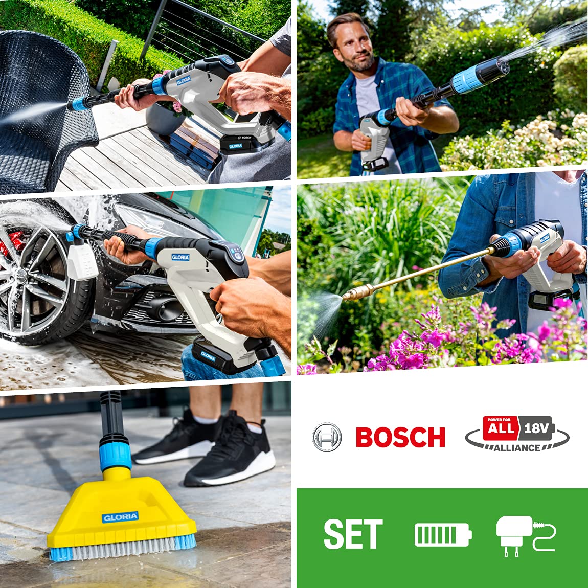 Gloria MultiJet 18 V Set | Utilizable como Limpiador a presión, Pistola de Espuma, pulverizador, Cepillo | Boquilla 4 en 1, Lanza de 40 cm, Manguera de 5 m | Incl. batería 18 V Bosch