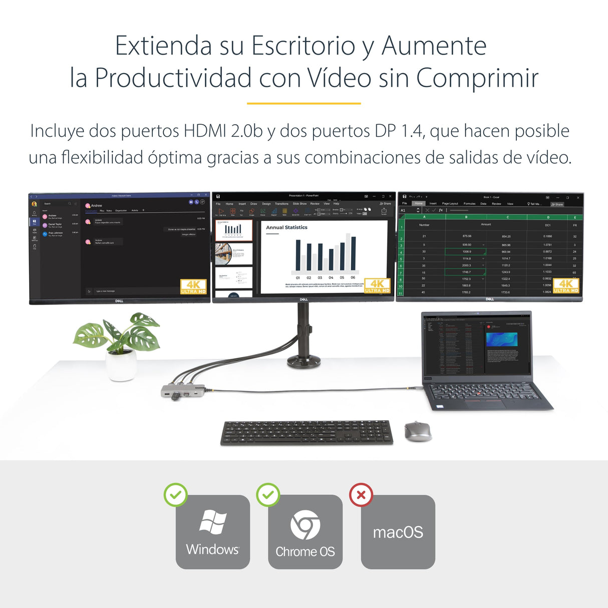 StarTech.com Adaptador Multipuertos USB-C para 3 Monitores - 4K 60Hz Doble + HDMI y DisplayPort 4K 30Hz - Hub USB de 3 Puertos - PD 100W - Docking Station de Viajes - Win/Chrome (117B-USBC-MULTIPORT)
