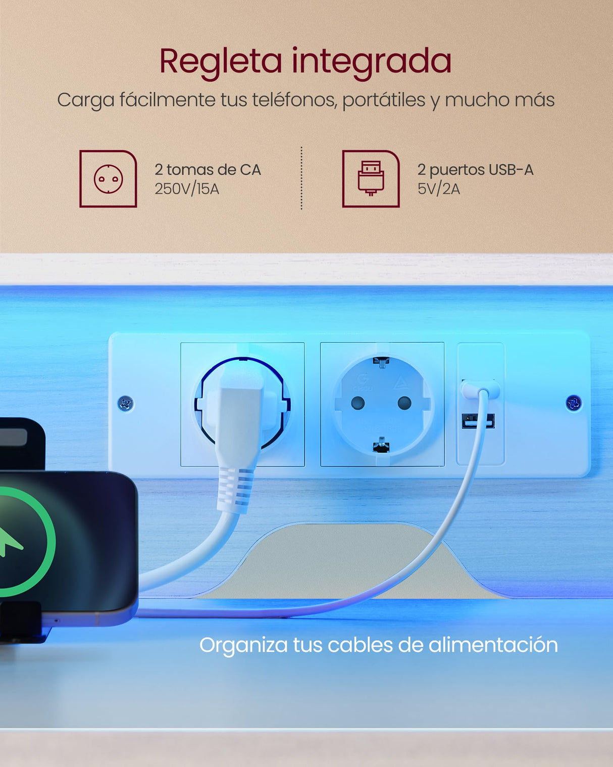VASAGLE Escritorio con Cajones de Tela, Luces LED y Tomas Corriente Incorporadas, Estante para Monitor, 55 x 135 x 90 cm, 2 Puertos USB-A, para Oficina Casa, Blanco Arce LWD094W01