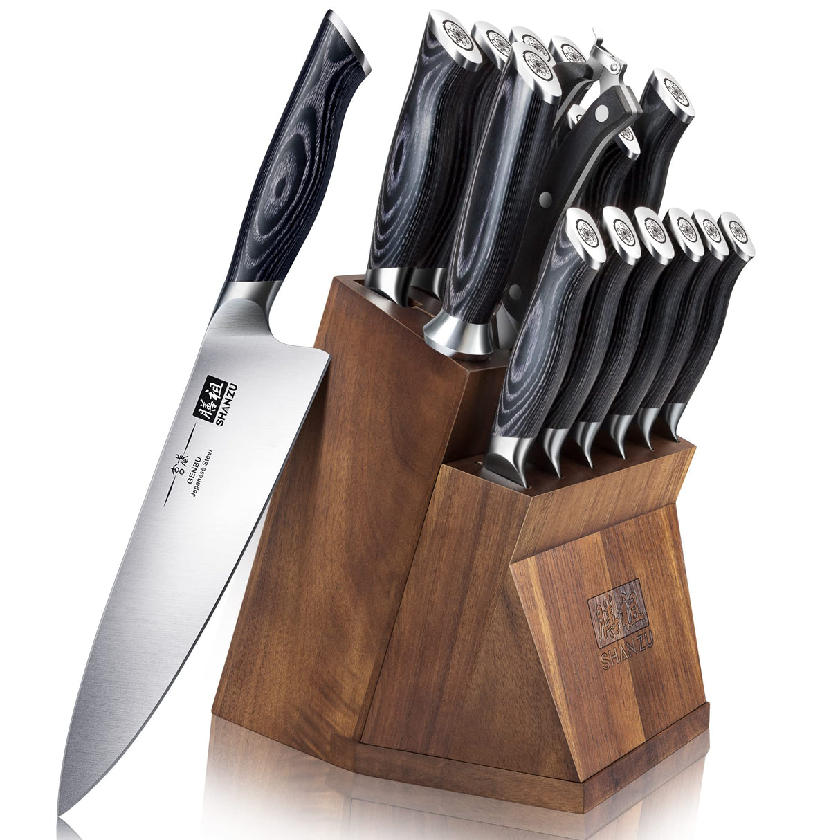 SHAN ZU Juegos de Cuchillos con Bloque, Juego de Bloque de Cuchillos, Juegos de Cuchillos de Cocina Japoneses de Súper Acero con Bloque Extraíble y Mango Ergonómico K133, Serie Genbu de Tortuga Negra