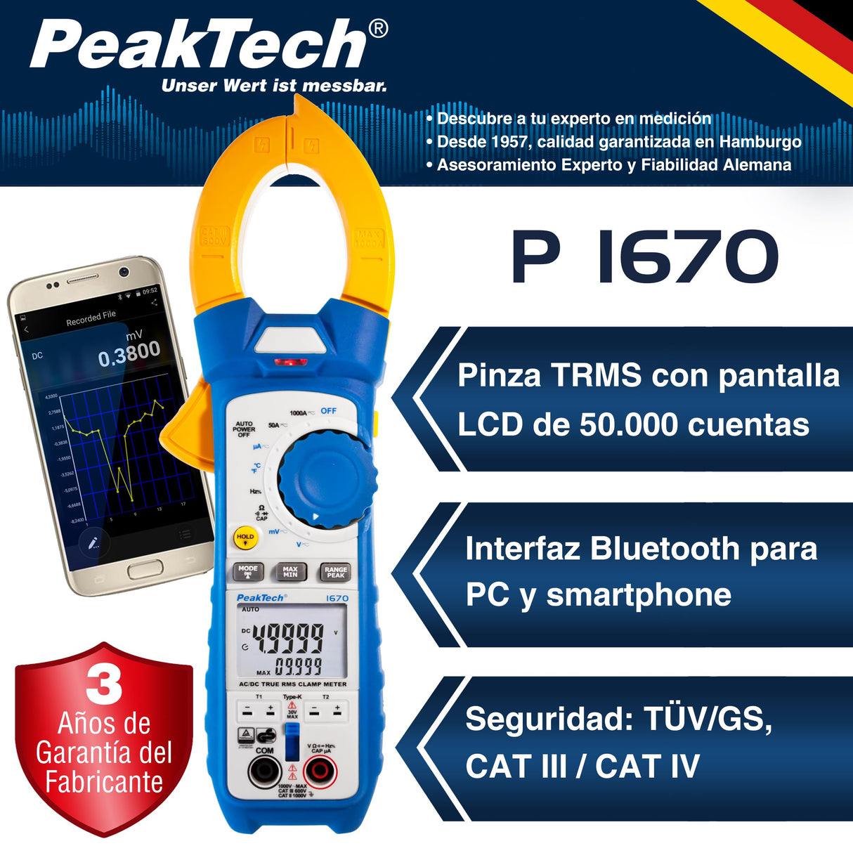 PeakTech 1670 - Pinza Amperimétrica RMS 4.0 Bluetooth y Aplicación 1000A Ac/Dc, Lámpara Led, 50000 Cuentas, Multímetro, Tuv/Gs, Pinza de Corriente, Medidor de Voltaje, Medidor de Corriente
