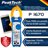 PeakTech 1670 - Pinza Amperimétrica RMS 4.0 Bluetooth y Aplicación 1000A Ac/Dc, Lámpara Led, 50000 Cuentas, Multímetro, Tuv/Gs, Pinza de Corriente, Medidor de Voltaje, Medidor de Corriente