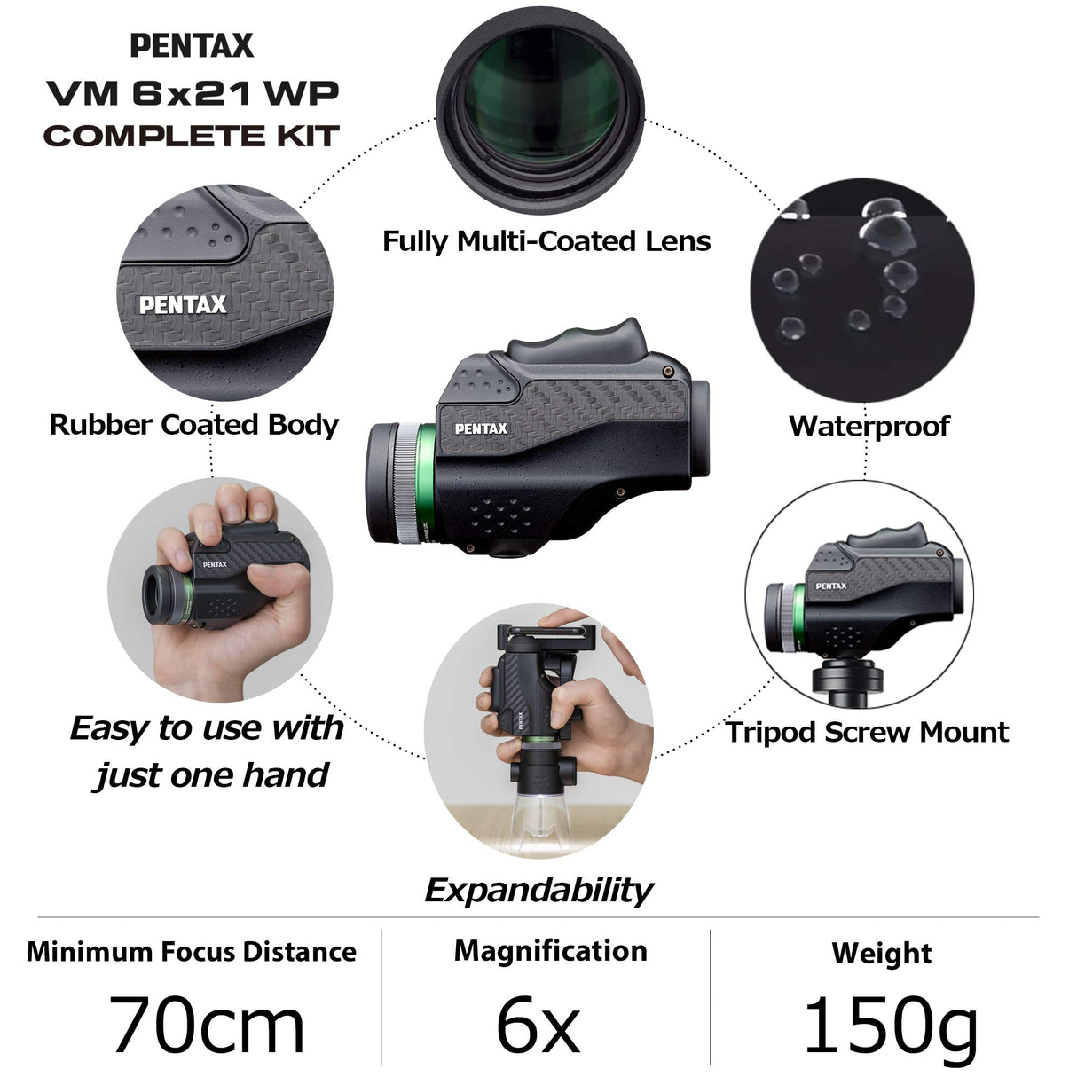 Pentax 63621 Monocular VM 6x21 WP - Kit Completo Incluye un Adaptador para Smartphone y Soporte Macro Junto con un monocular de Aumento Brillante y Claro 6X con excelente Rendimiento óptico. Black