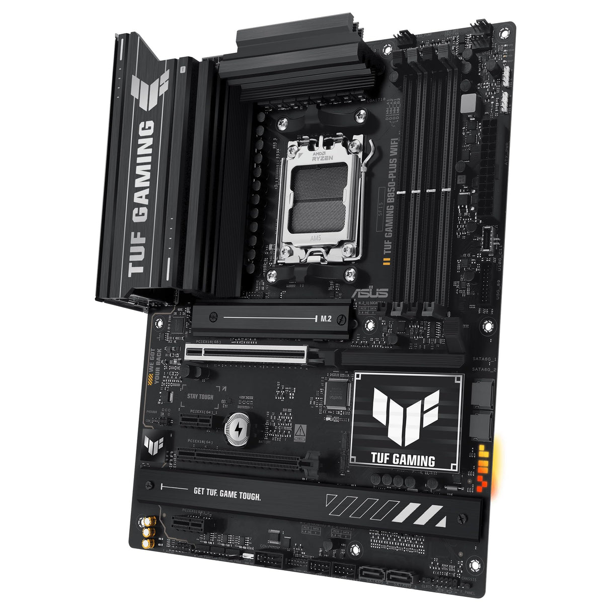 ASUS TUF GAMING B850-PLUS WIFI - Placa base AMD ATX, 14+2+1 etapas de potencia DrMOS 80A, DDR5, PCIe 5.0, 3 ranuras M.2, WiFi 7, Realtek 2.5Gb Ethernet, DisplayPort, HDMI, USB 20Gbps Tipo-C, Aura Sync