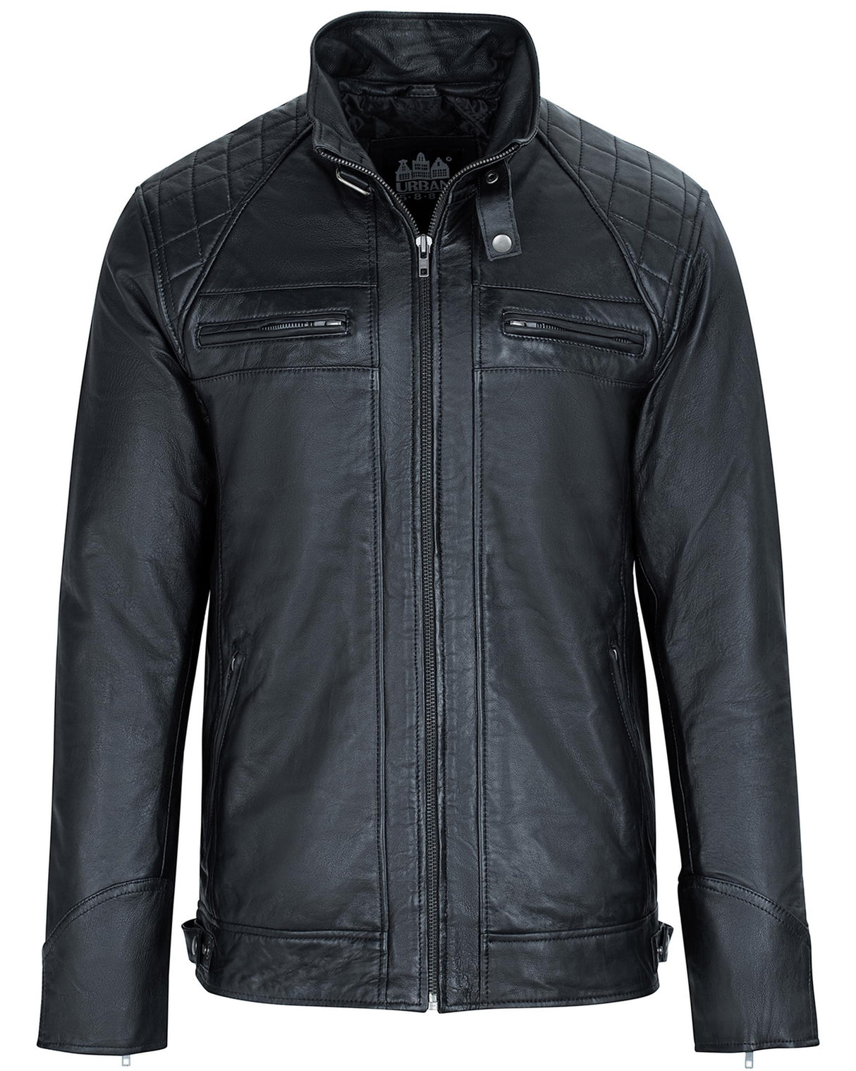 URBAN 5884 Chaqueta de cuero para hombre, SKIMO, Piel de Oveja Genuina, Cazadora Piel Hombre Estilo Motero, 8 bolsillos, Hecha a Mano, Suave y Duradera, Negro, L