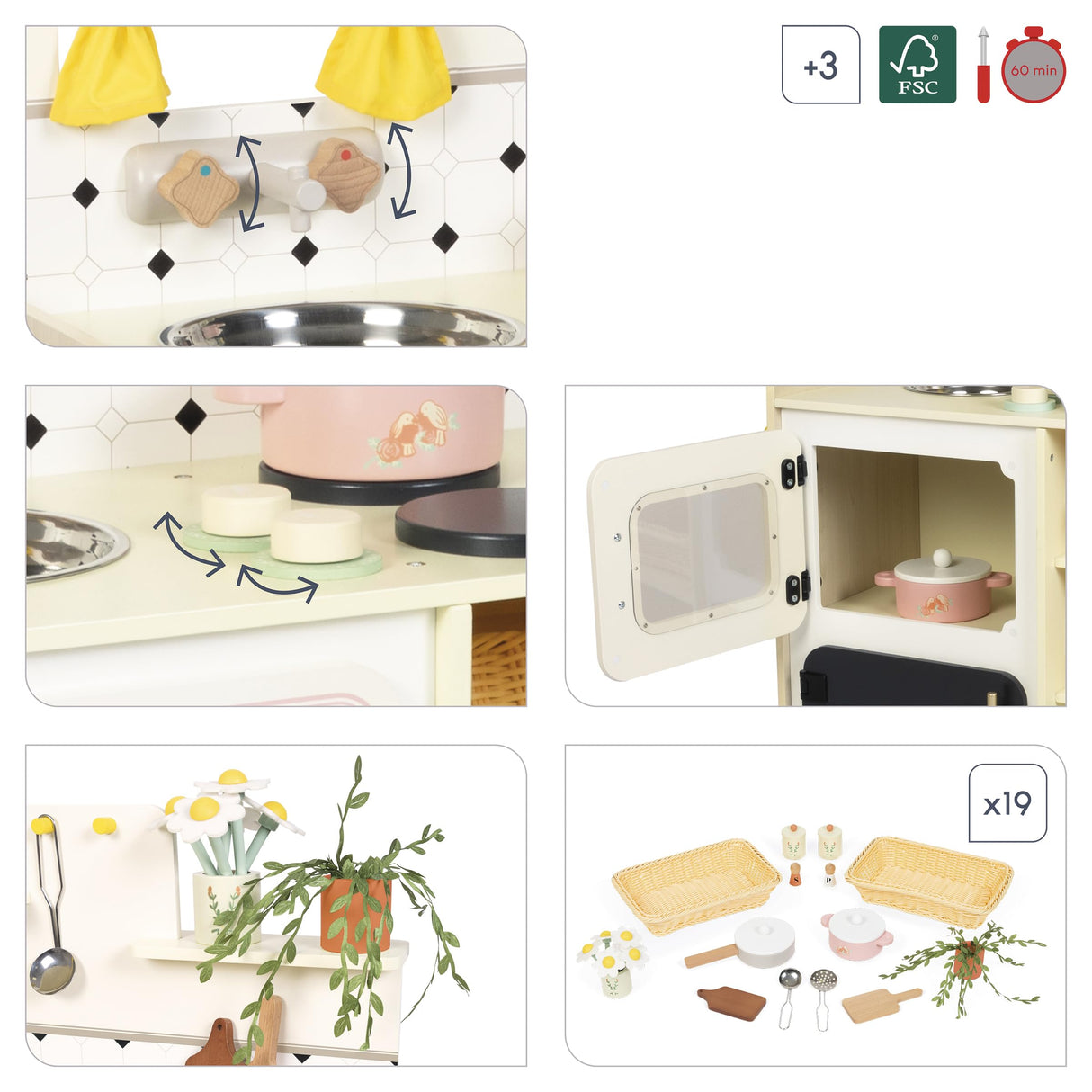 Janod - Gran Cocina Infantil de Madera - Equipada con 2 Hornos, Fregadero y 16 Accesorios Incluidos - Botones Sonoros Giratorios - Juguete de Imitación y Aprendizaje Temprano - A Partir de 2 años