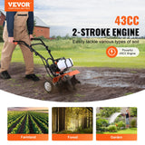 VEVOR Motocultor Térmico con Motor de Gasolina de 43 CC de 2 Tiempos con 4 Púas Delanteras Ajustables de Acero Ruedas Grandes Fácil Instalación Cultivador de Tierra para Huerta, Jardinera, Campos