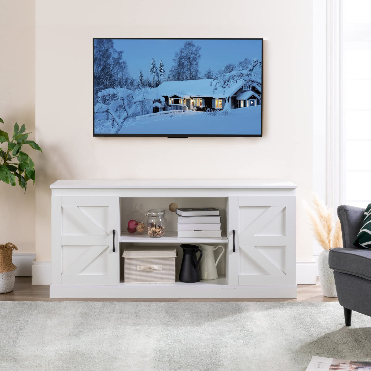 Zinus Wade Mueble TV - Mueble TV 147x67x40 cm - Unidad con mueble de almacenamiento - Blanco