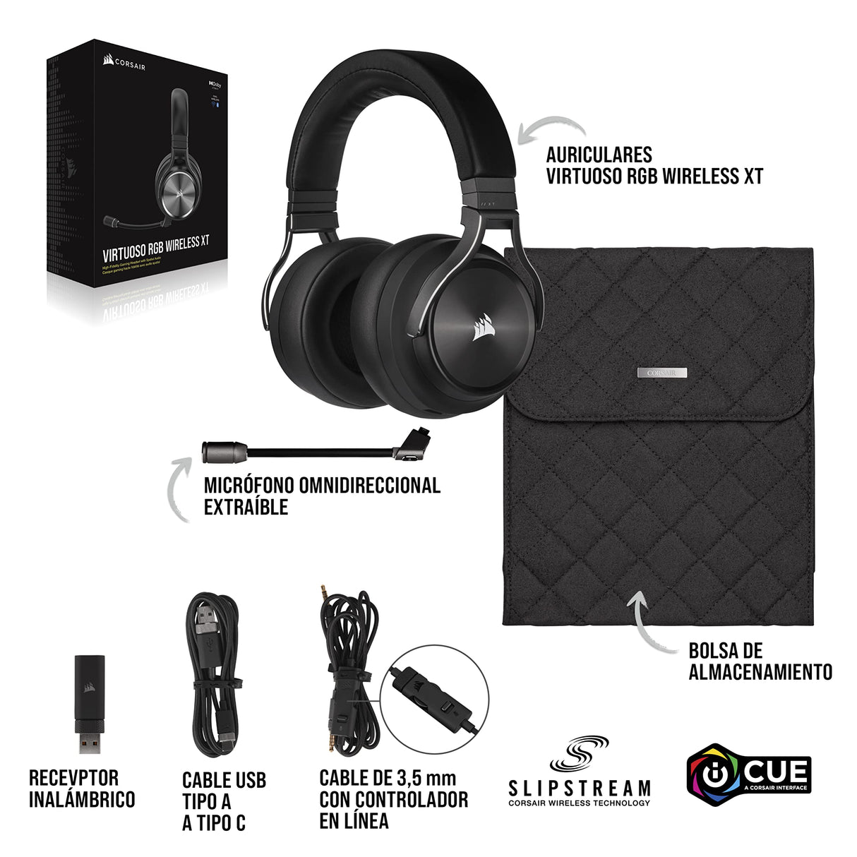 Corsair VIRTUOSO RGB WIRELESS XT Auriculares para Juegos Multiplataforma con Bluetooth - Dolby Atmos - Micrófono Omnidireccional -Compatible iCUE - PC, Mac, PS5, PS4, Nintendo Switch, Móvil - Pizarra
