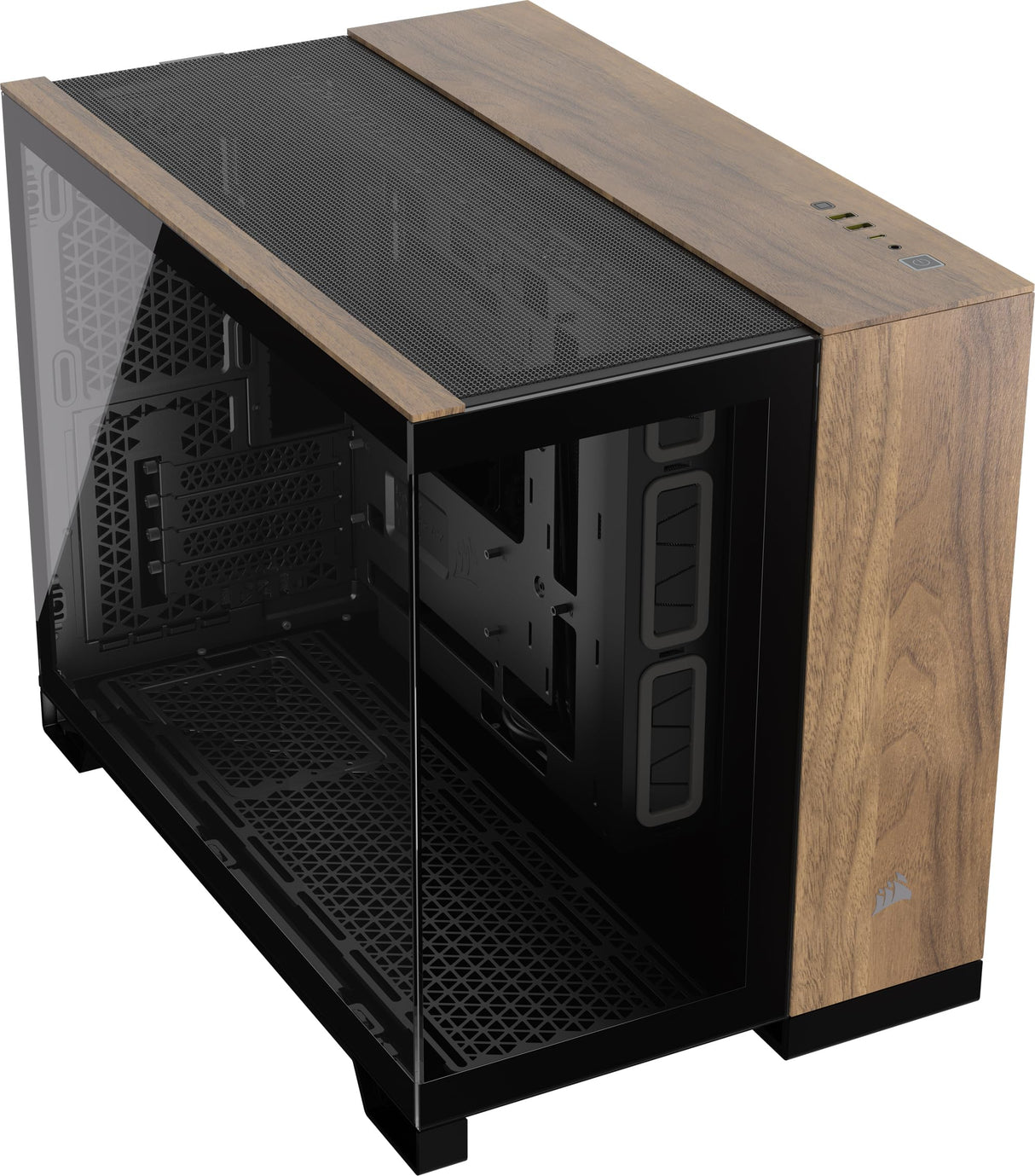 CORSAIR 2500X Pequeña-Torre mATX Caja de PC de Doble Cámara - Cristal Templado Panorámico - Conexión Inversa Compatible con Placa Base - Sin Ventiladores Incluidos - Negro/Madera de Nogal
