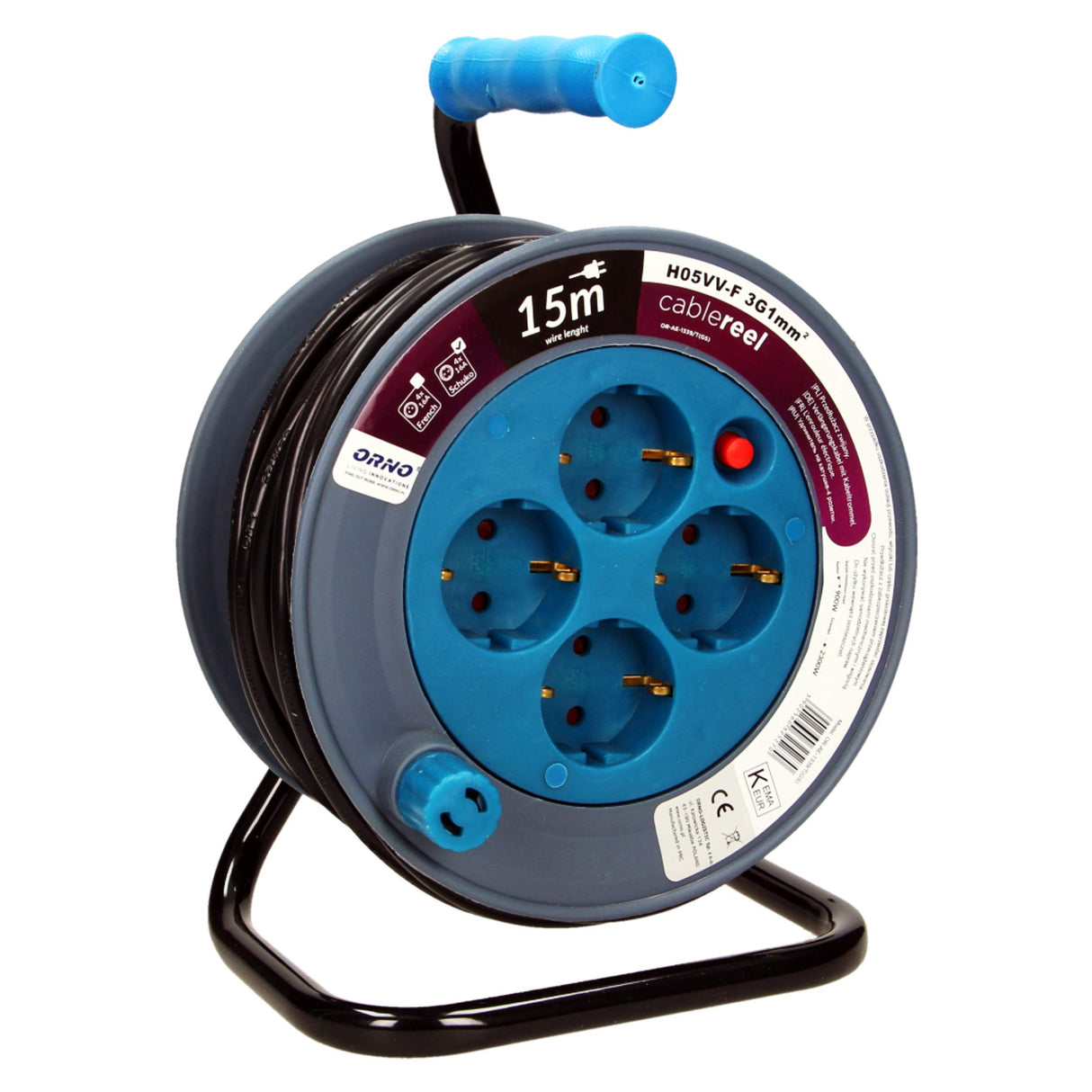 Orno AE-1339 Mini Tambor De Cable 15m con 4 tomas de corriente, soporte de metal y protección térmic (Azul)