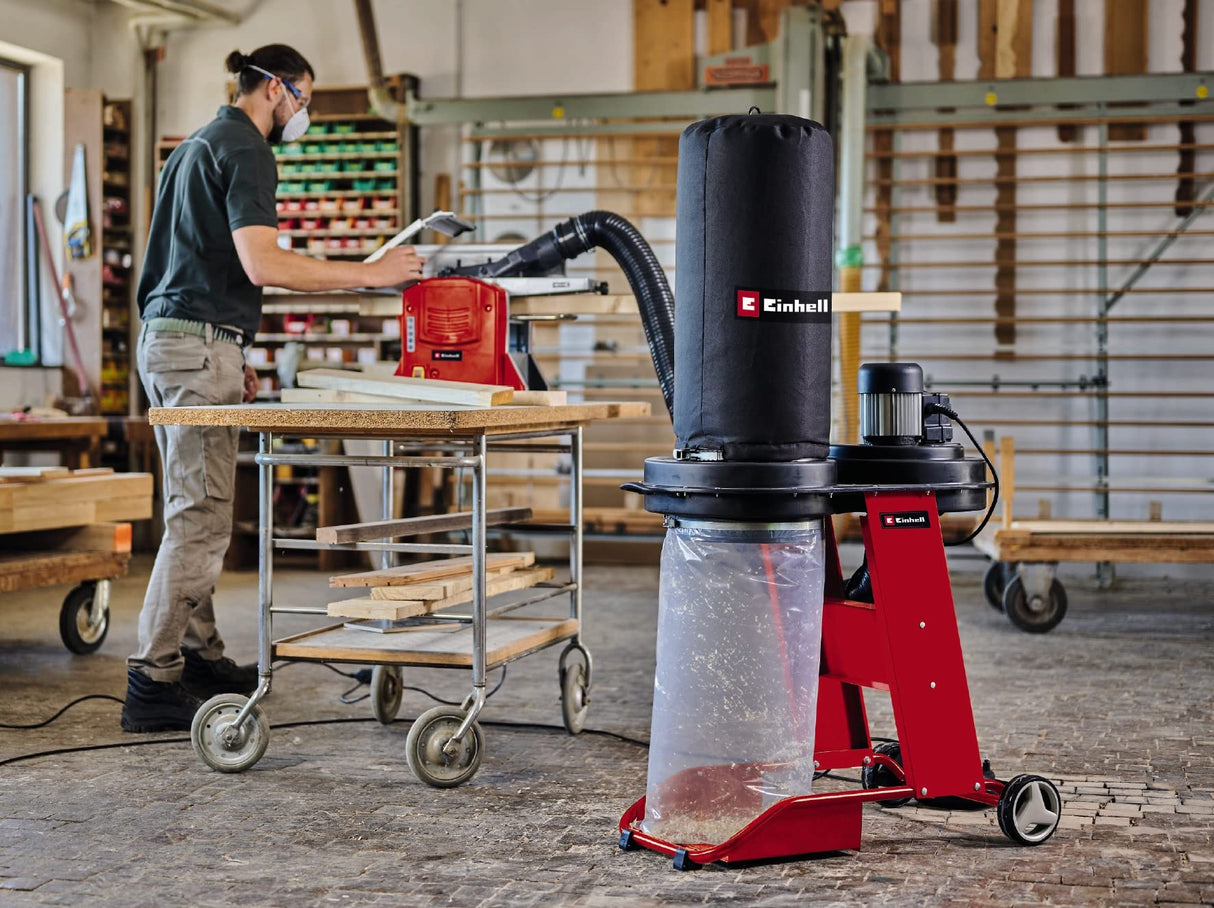 Einhell Aspirador TE-VE 550/1 A (550 W, enchufe Automático 2500 W, manguera de aspiración de 250 cm y Ø 100 mm, 2 adaptadores de aspiración 36 mm, Liberación Rápida para Bolsa de Recolección 65 L)