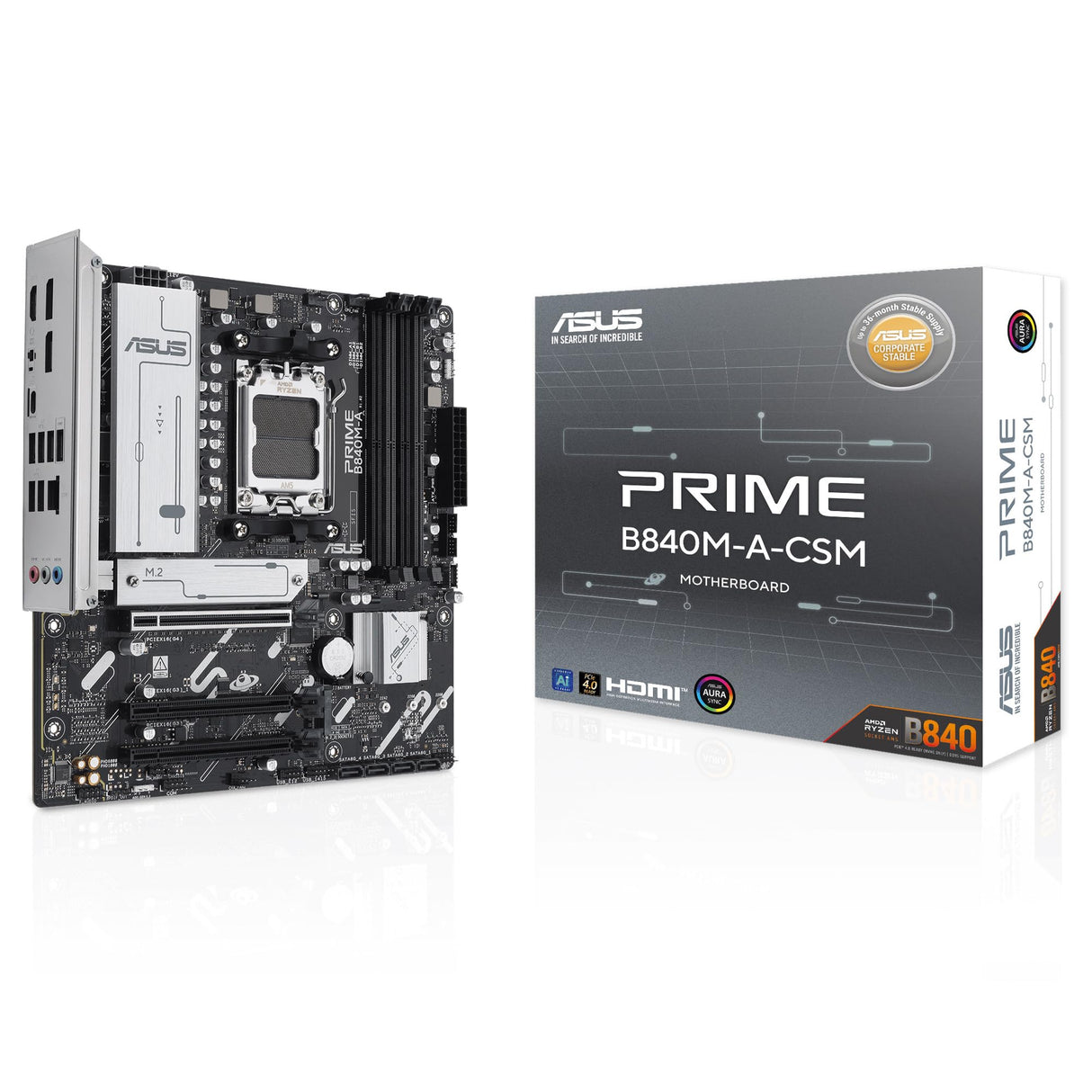 ASUS Prime B840M-A-CSM - Placa Base AMD B840 mATX, DDR5, PCIe 4.0, Tres Ranuras M.2, Realtek 2.5Gb Ethernet, DisplayPort, HDMI, USB Tipo-C a 5Gbps, BIOS Flashback, Aura Sync