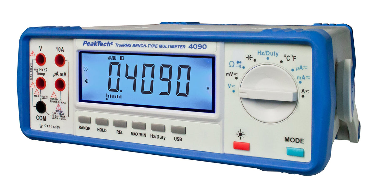 PeakTech 4090 – Multímetro de mesa digital RMS, pantalla LCD, 22000 cuentas, probador de continuidad, USB, software para PC, funcionamiento con batería, prueba de voltaje - EN 61010-1; CAT I 600 V