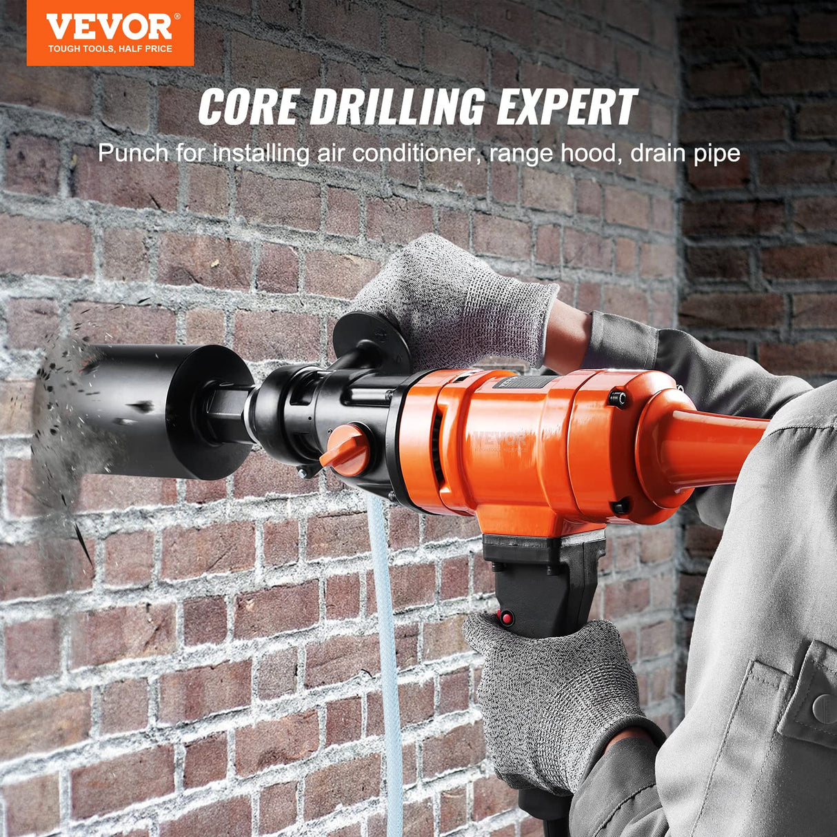 VEVOR Taladro de Diamante Diámetro de 8-10,2 cm Taladro de Mano para Hormigón Profundidad de 400mm Broca Diamantada 1500W 1100/2400 rpm con Extractor de Núcleos y Nivel Construcción de Hormigón Armado