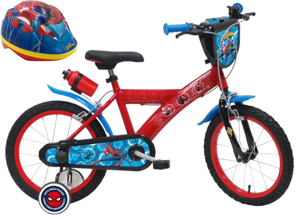 A.T.L.A.S. Bicicleta Infantil de 16 Pulgadas, Marvel Equipada con 2 Frenos, Placa Frontal Decorativa, Botella Trasera y Casco Spiderman Incluido ELO niño, Niños, Rojo idéntico a Las Fotos, 16''