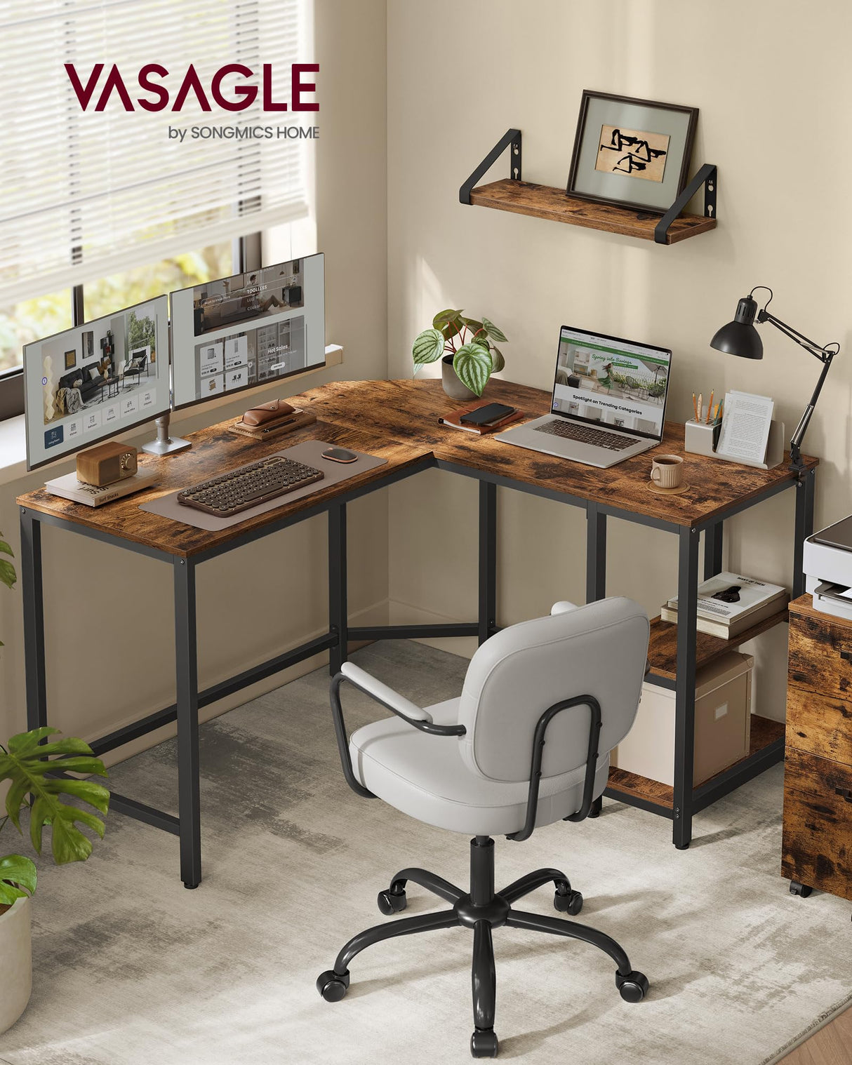 VASAGLE Escritorio, Mesa de Ordenador en Forma de L, 120 x 130 x 76 cm, Esquina con 2 Estantes, Ahorra Espacio, para Oficina Casa, Juegos, Marrón Rústico y Negro Tinta LWD123K01