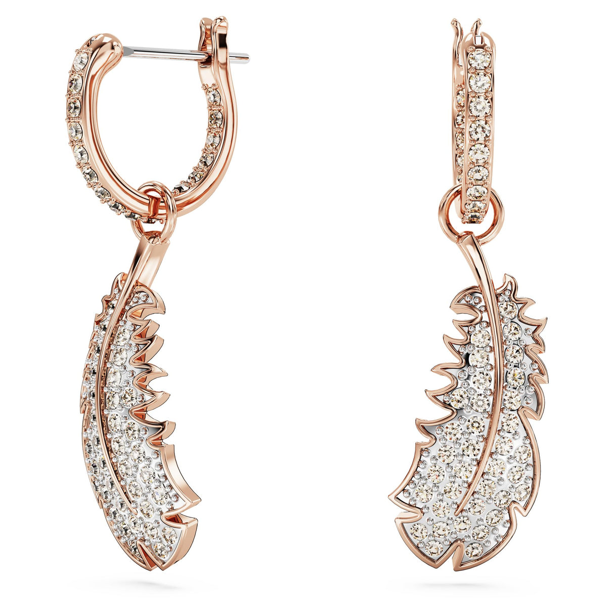 Swarovski Pendientes Nice, Motivo de Pluma, Cristales Blancos, Baño tono oro rosa