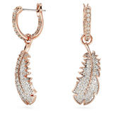 Swarovski Pendientes Nice, Motivo de Pluma, Cristales Blancos, Baño tono oro rosa
