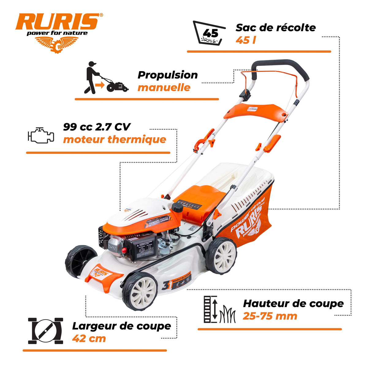 RURIS - Cortacésped térmico RX200S, 2,7 CV, 42 cm, Bolsa 45L, 3 en 1: Recogida, eyección Trasera, Mulching, chasis Acero, Altura Ajustable 25-75 mm, Naranja
