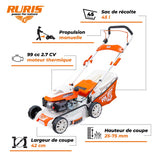 RURIS - Cortacésped térmico RX200S, 2,7 CV, 42 cm, Bolsa 45L, 3 en 1: Recogida, eyección Trasera, Mulching, chasis Acero, Altura Ajustable 25-75 mm, Naranja