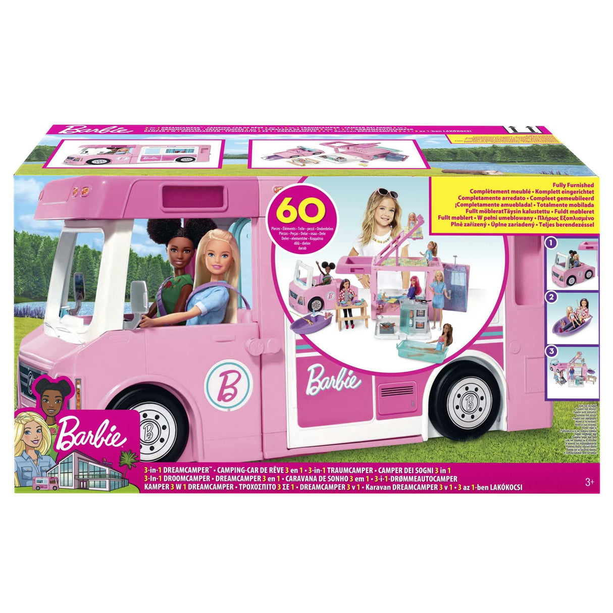 Barbie Caravana DreamCamper 3 en 1, Aprox. 1m; Autocaravana transformable con Piscina, camioneta, Barca y 50 Accesorios; para niñas y niños + 3 años, GHL93