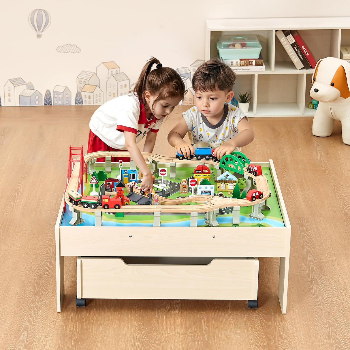 VEVOR Mesa de Actividad de Tren 100 Piezas de Madera 79x64x33 cm Mesa de Juegos de Tren Circuito de Ferroviarias Juguetes Creativos con Cajón Rodante de Almacenamiento para Facilitar Organización