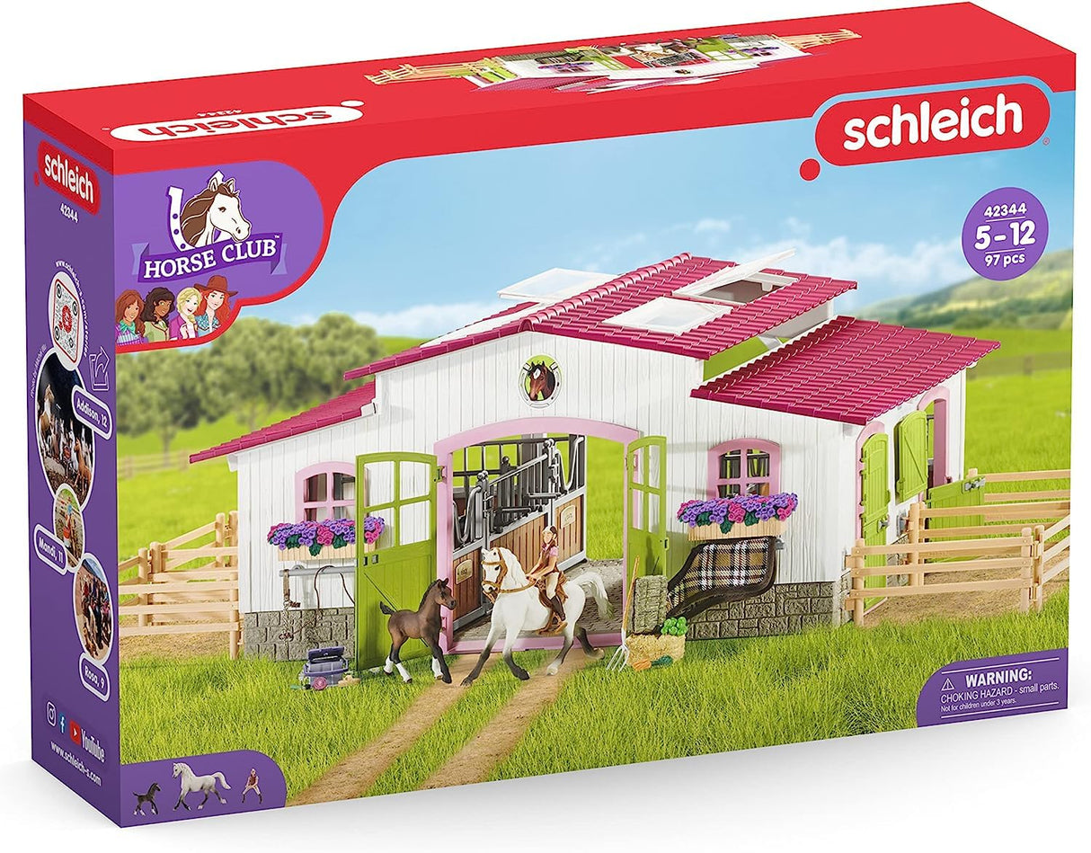 Schleich 42344 Horse Club Establo con Jinete y Caballos, Juego de 97 Piezas con 2 Figuras de Caballos, Figura del Jinete y Muchos Accesorios, Juguete para niños a Partir de 5 años