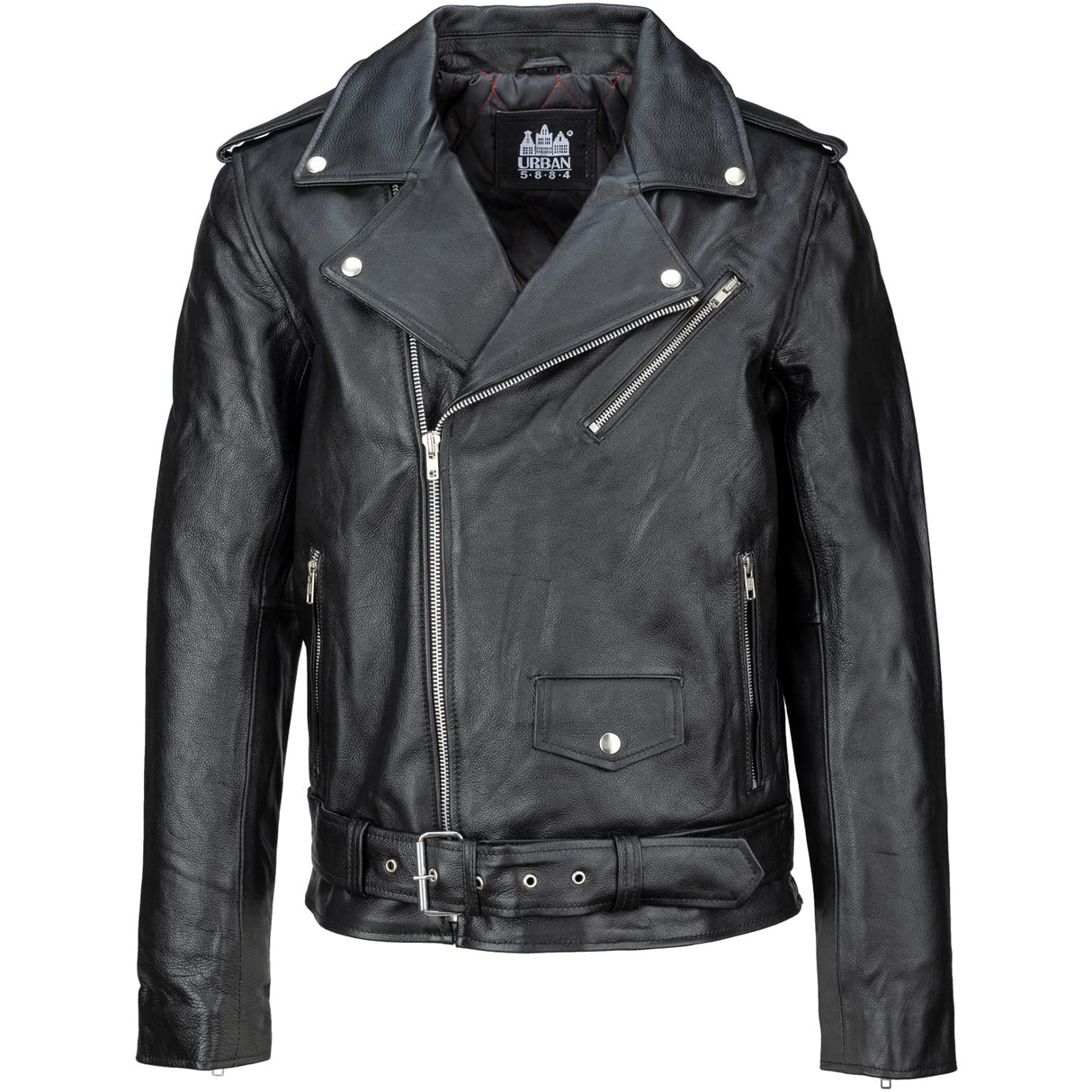 URBAN 5884 Chaqueta de Cuero para Hombre Perfecto, Suave y Duradera Chaqueta de Cuero Genuino, Estilo Motero, Negro, 3XL