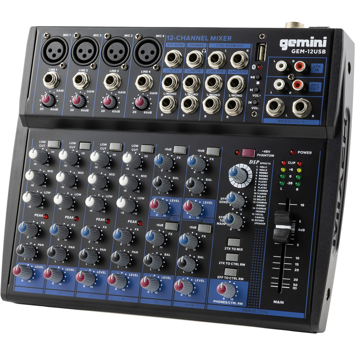 Gemini Sound GEM-12USB Mezclador analógico de 12 canales compactos que incluye 4 canales de micrófono, EQ de 3 bandas, reproducción USB de la memoria USB y Streaming Bluetooth