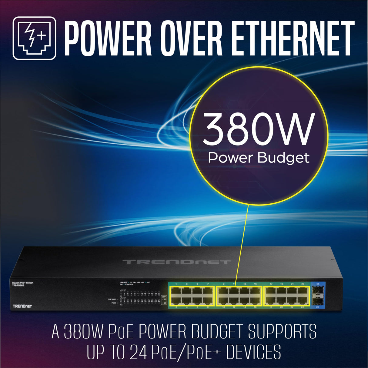 TRENDnet TPE-TG240G Conmutador Gigabit PoE+ de 24 Puertos, 24 Puertos Gigabit PoE+, presupuesto de alimentación de 370 W, Capacidad de conmutación de 48 GB/s, Kit de Montaje en Rack Incluido,