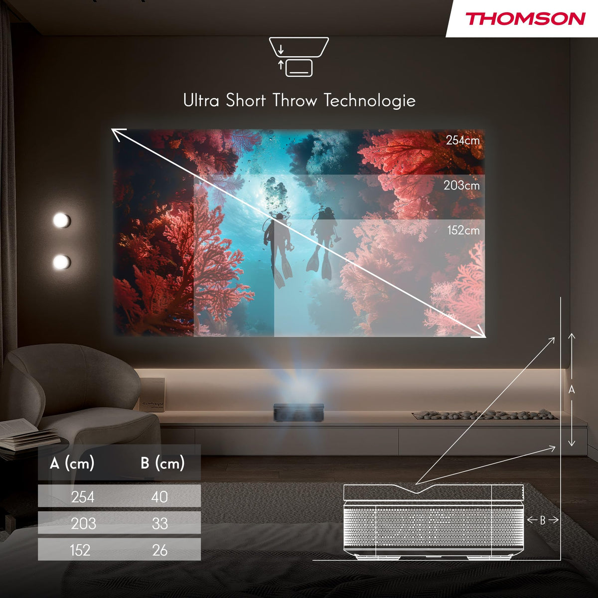 Thomson Sirius PG55B Proyector Láser RGB Inteligente, Tiro Ultra Corto, Full HD 1080p, Google TV, 600 ANSI, Auto Enfoque, HDR10+, Dolby Digital+, Batería, WiFi, Bluetooth