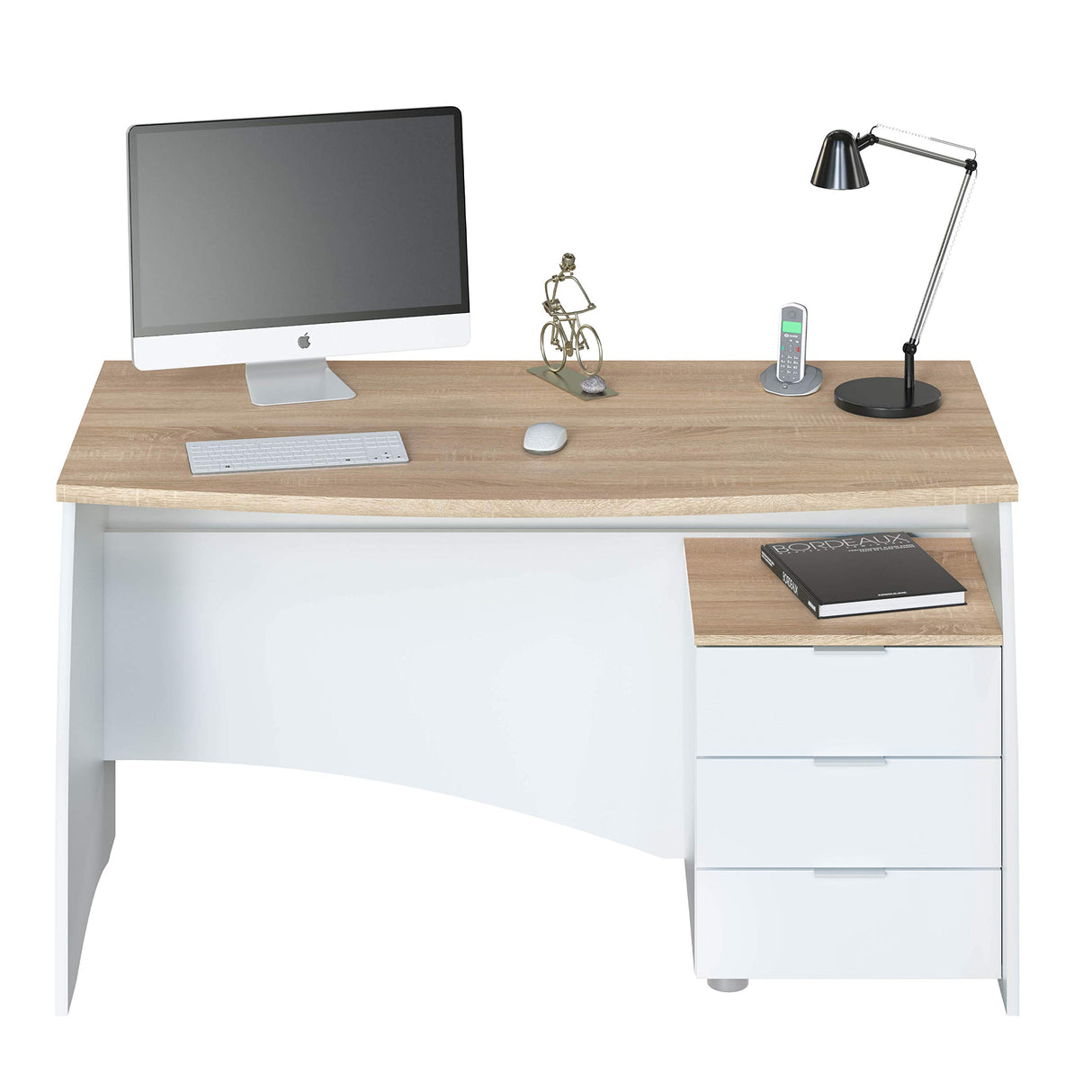 Habitdesign Mesa de Despacho con 3 Cajones, Mesa de Oficina o Estudio, Modelo Stil, Acabado en Balnco Artik y Roble Canadian, Medidas: 136 cm (Ancho) x 67 cm (Fondo) x 74 cm (Alto)