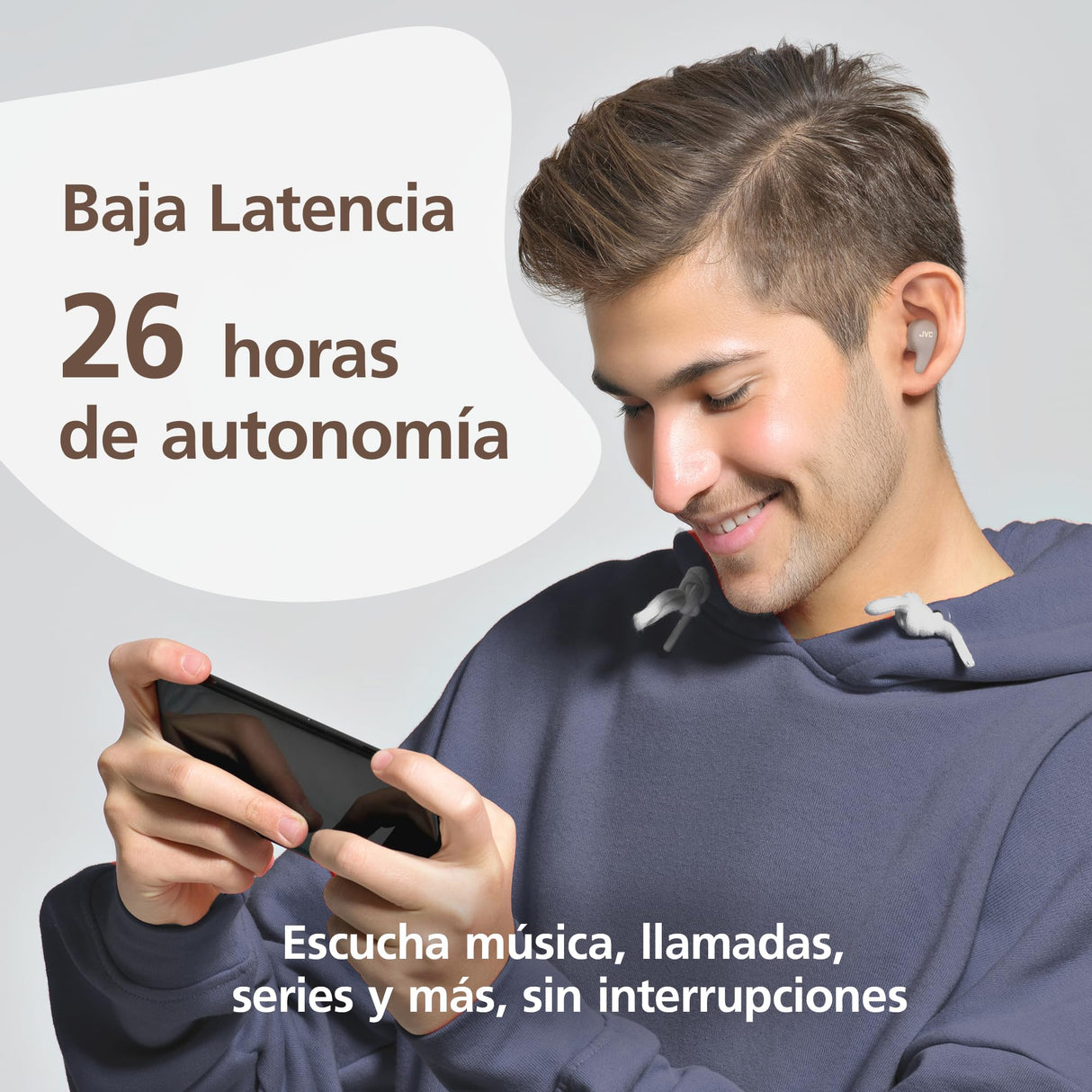 JVC Gumy Premium Auriculares Bluetooth True Wireless con Cancelación de Ruido, Bluetooth 5.4, Modo Ambiente, Baja Latencia, 26h batería, Estuche Translúcido USB-C, Marrón Mocha - HA-A23T-T